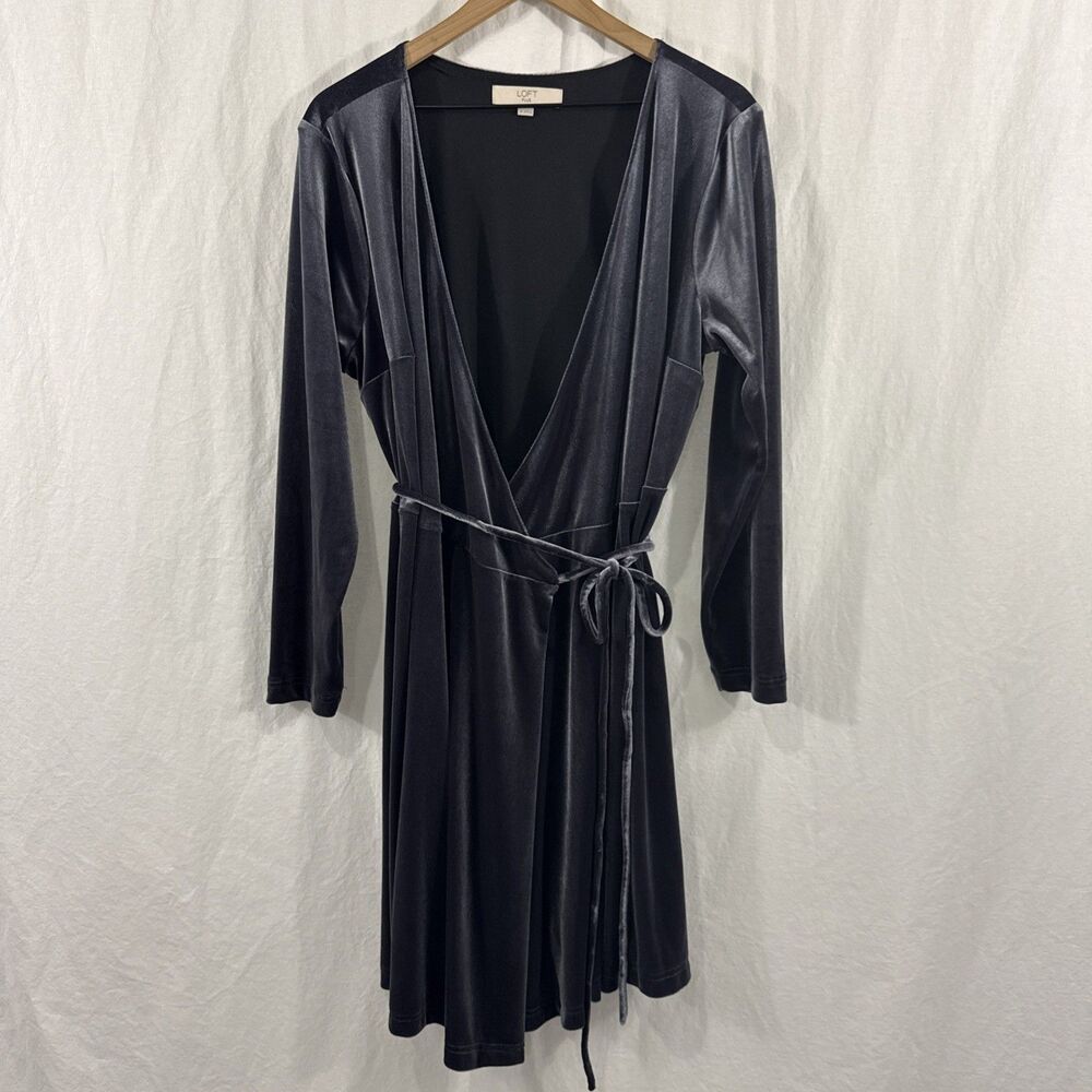 LOFT Blue Grey Velvet Wrap Dress Midi Womens Sz 16 Festive Party Glam